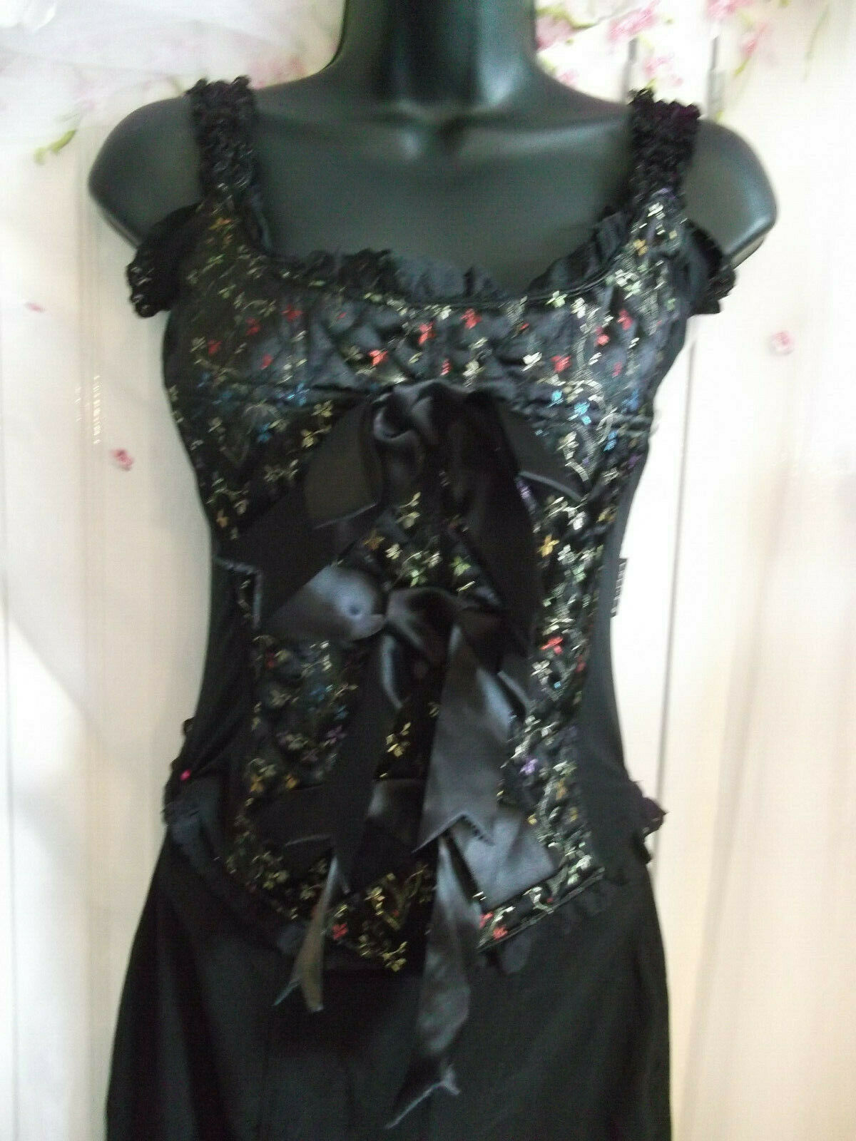 Lolita Rose Corset-black satiing/emboridered panels,satin bows,ribbons.size10/12 Wonkey Donkey Bazaar