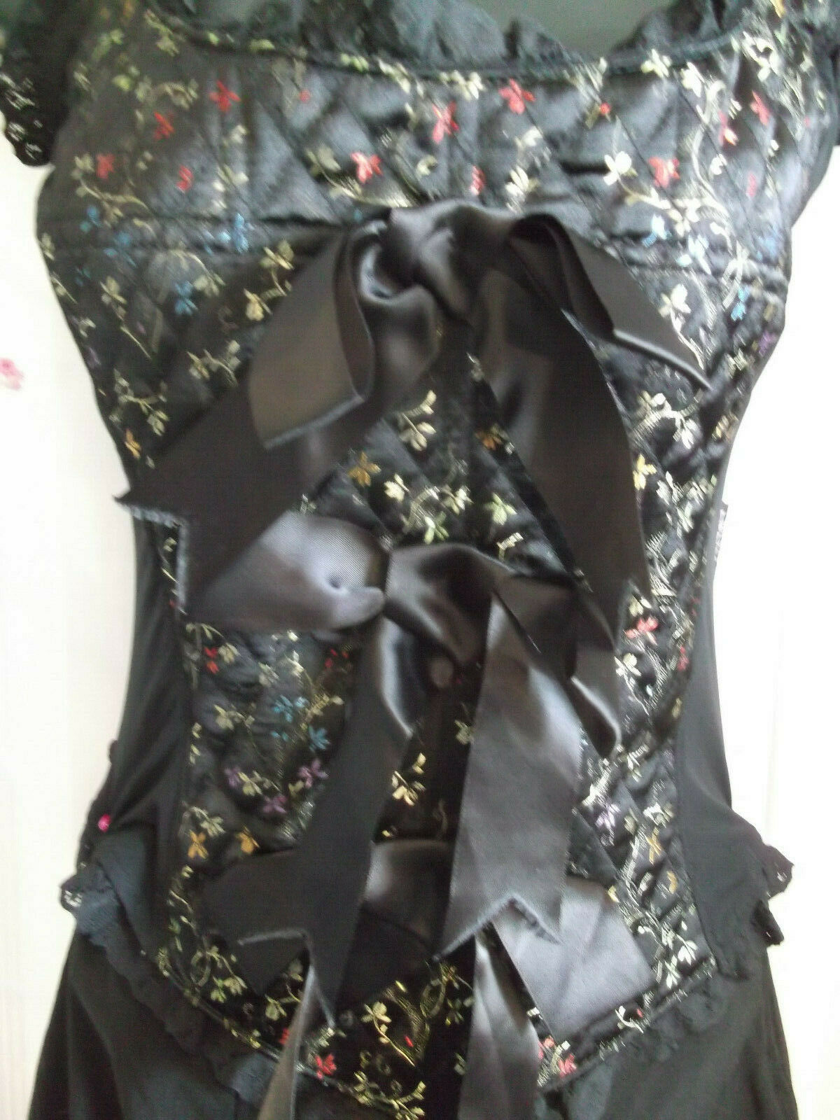 Lolita Rose Corset-black satiing/emboridered panels,satin bows,ribbons.size10/12 Wonkey Donkey Bazaar