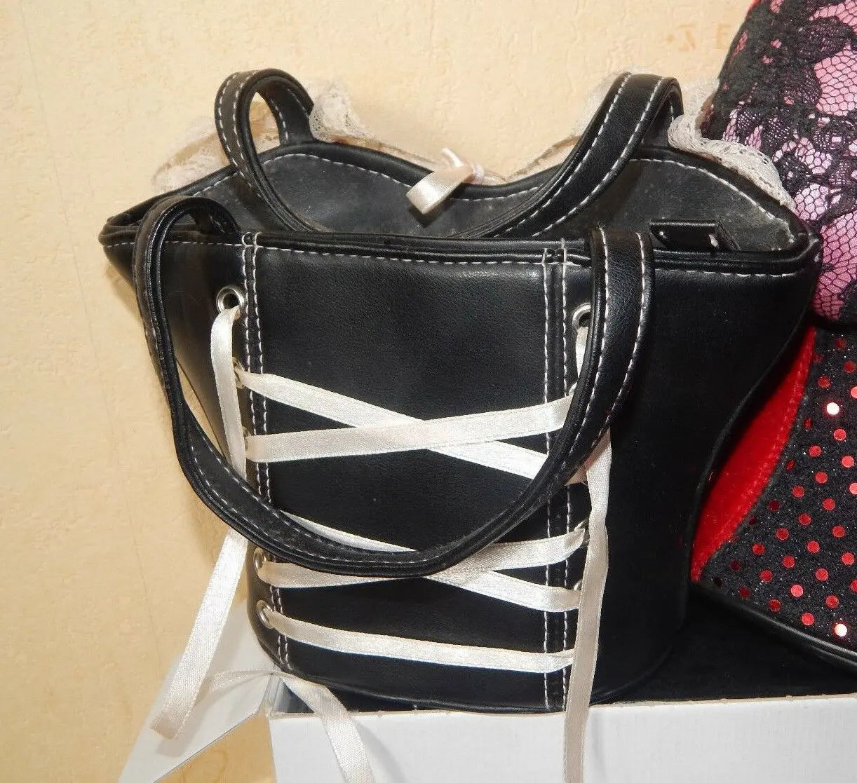 new BUSTIER STYLE HANDBAG-black ,pink lacy Ltd.Ed. 8"widex8"long.Whispers label whispers