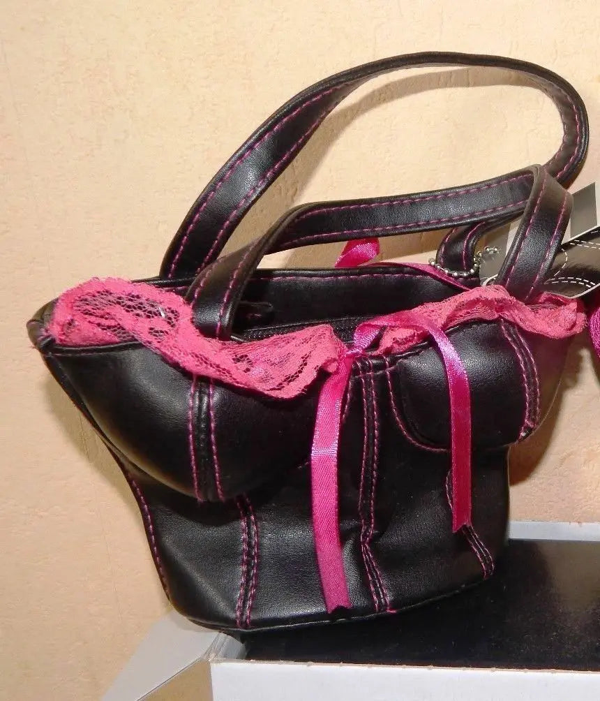 new BUSTIER STYLE HANDBAG-black faux leather11"wide9"long.pink ribbon corsettry whispers