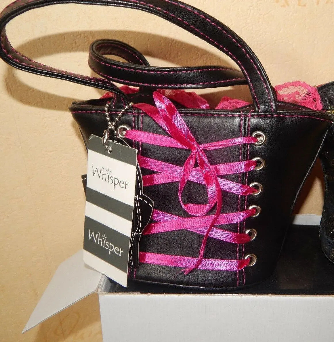 new BUSTIER STYLE HANDBAG-black faux leather11"wide9"long.pink ribbon corsettry whispers