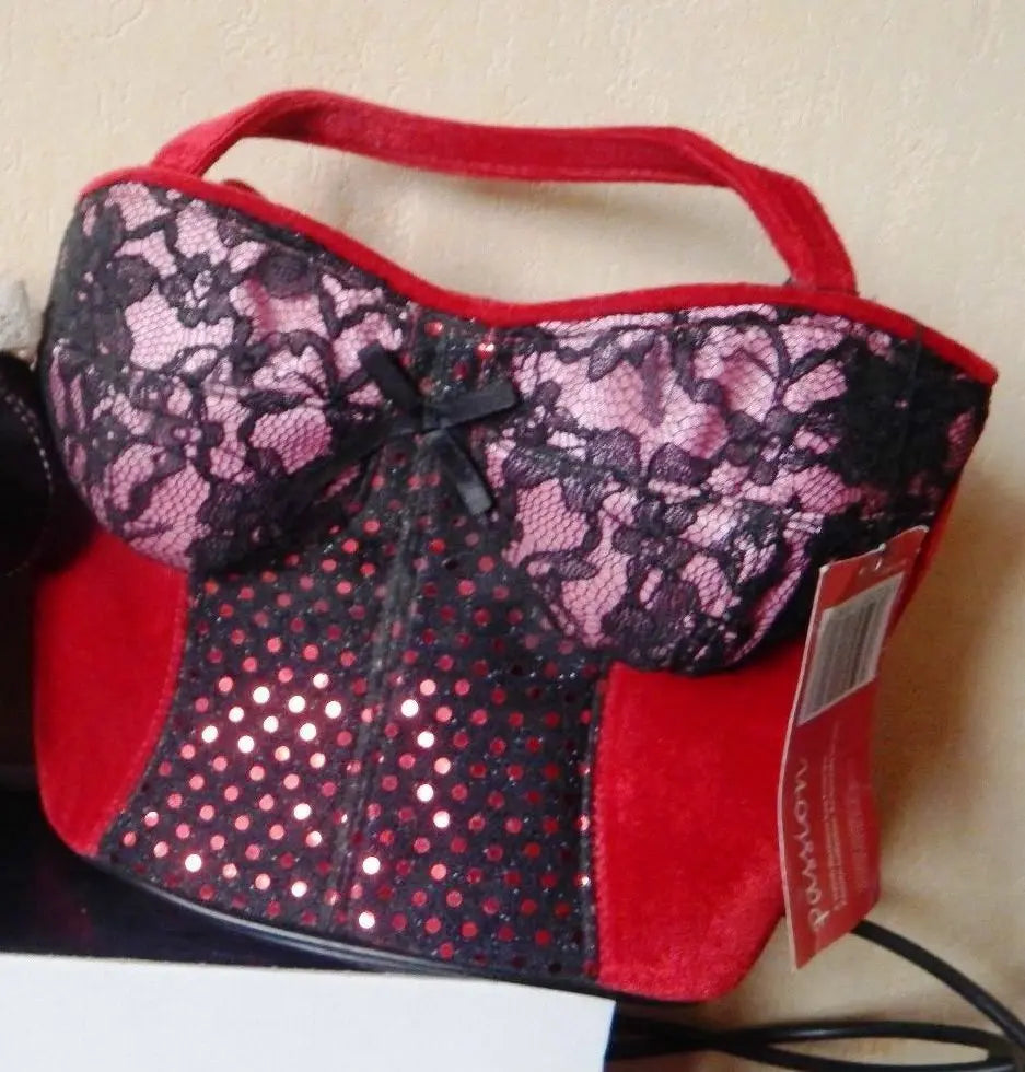 new BUSTIER STYLE HANDBAG-red velvet/lace front&back12"widex11"long.Poison label whispers
