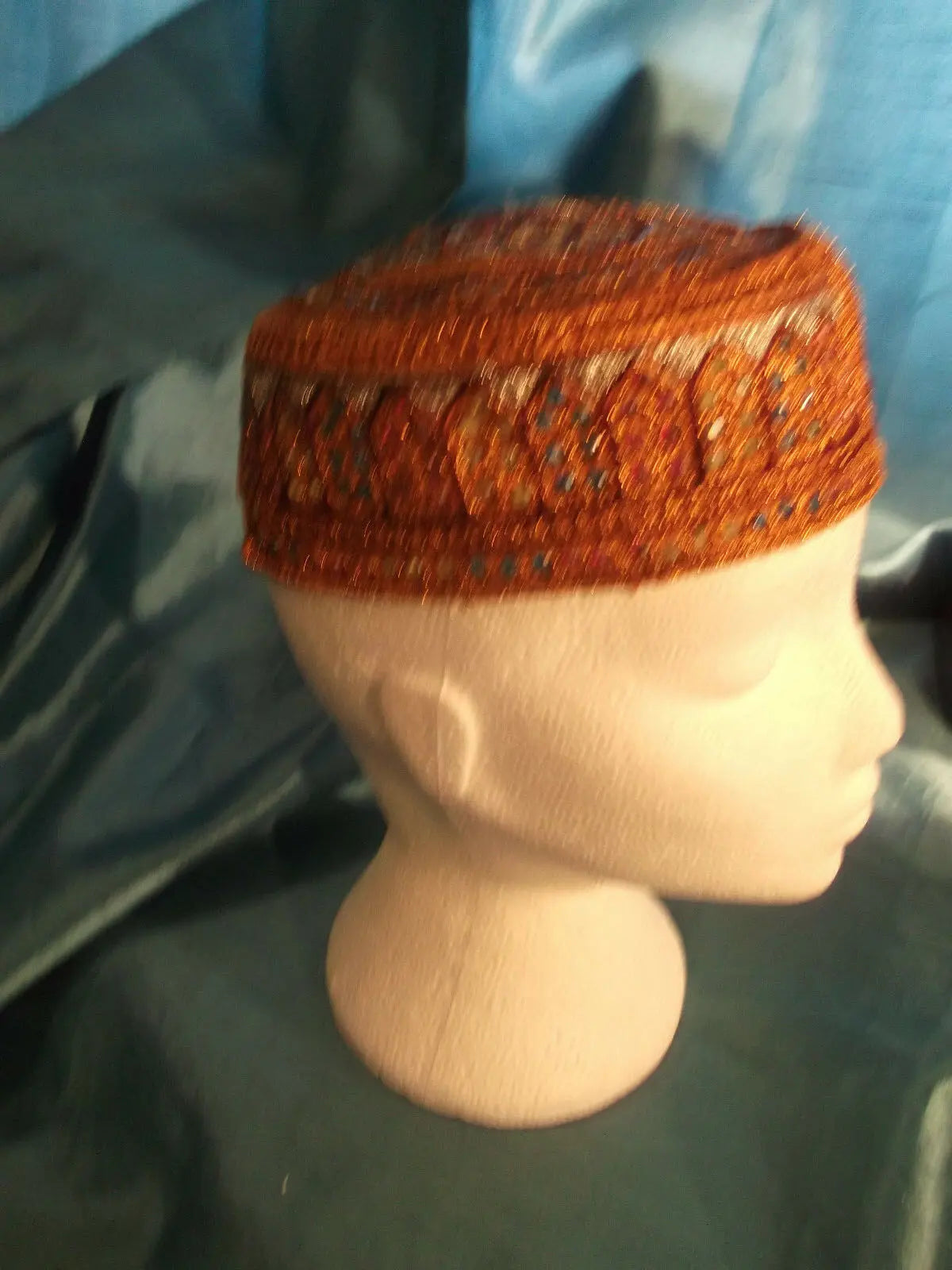 punk/cosplay/festi/stagewear/costume/ ORANGE FEZ STYLE HAT WITH SEQUINS 22"/55CM unbranded. vintage