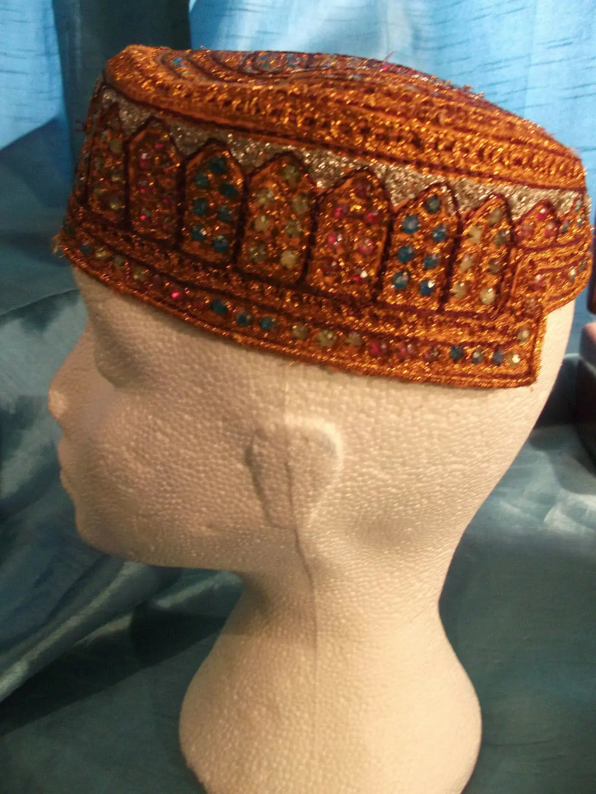 punk/cosplay/festi/stagewear/costume/ ORANGE FEZ STYLE HAT WITH SEQUINS 22"/55CM unbranded. vintage