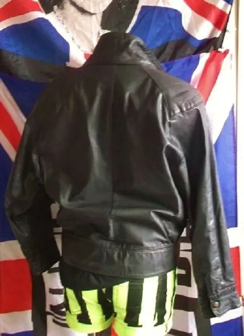 retro style crop black leather jacket.size 12.X-over, 2stud waist button Unbranded