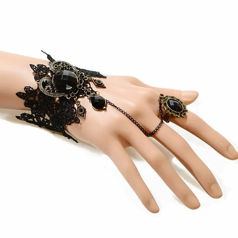 steam-punk/Gothic Cameo Flower Chain Ring Set Sexy Black Lace Bracelet Unbranded