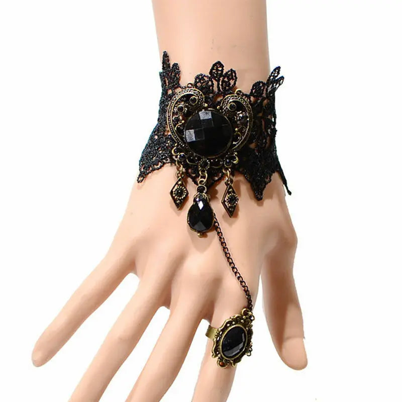 steam-punk/Gothic Cameo Flower Chain Ring Set Sexy Black Lace Bracelet Unbranded