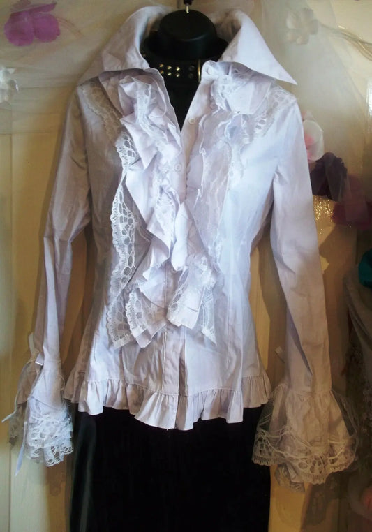 stunning white gothic lolita ruffled shirt size large,layer lacy flouncy sleeve gothic lolita and punk
