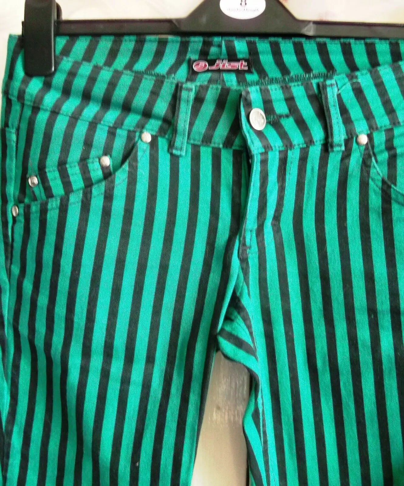 unisex punk festi pinstripe.green.black with lace up sides. Jist label.30" waist Jist