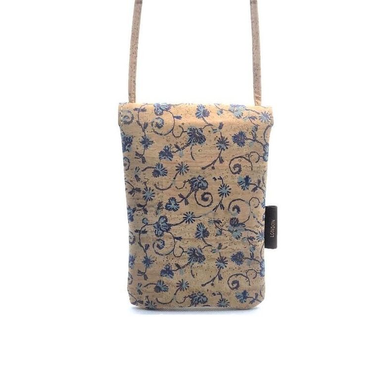Cork Phone Bag Phone Pouch & Cell Phone Case with light Blue floral Pattern, Small Bag made from Cork Moddanio